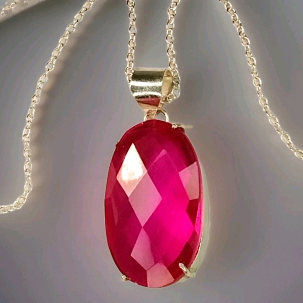 Faceted Pink Topaz Oval Pendant Necklace Sterling Silver Plated Necklace
